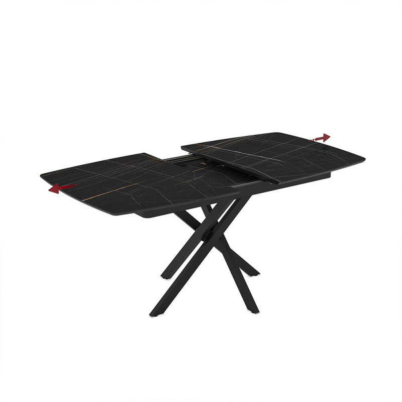 Tavolo allungabile Filis con piano effetto marmo nero con dettagli oro matt e gambe in metallo nero