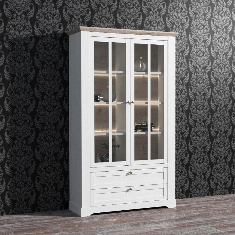 Vetrina Forma con 2 cassetti e 2 ante con vetro e con luce integrata colore rovere neve e piano olmo scuro
