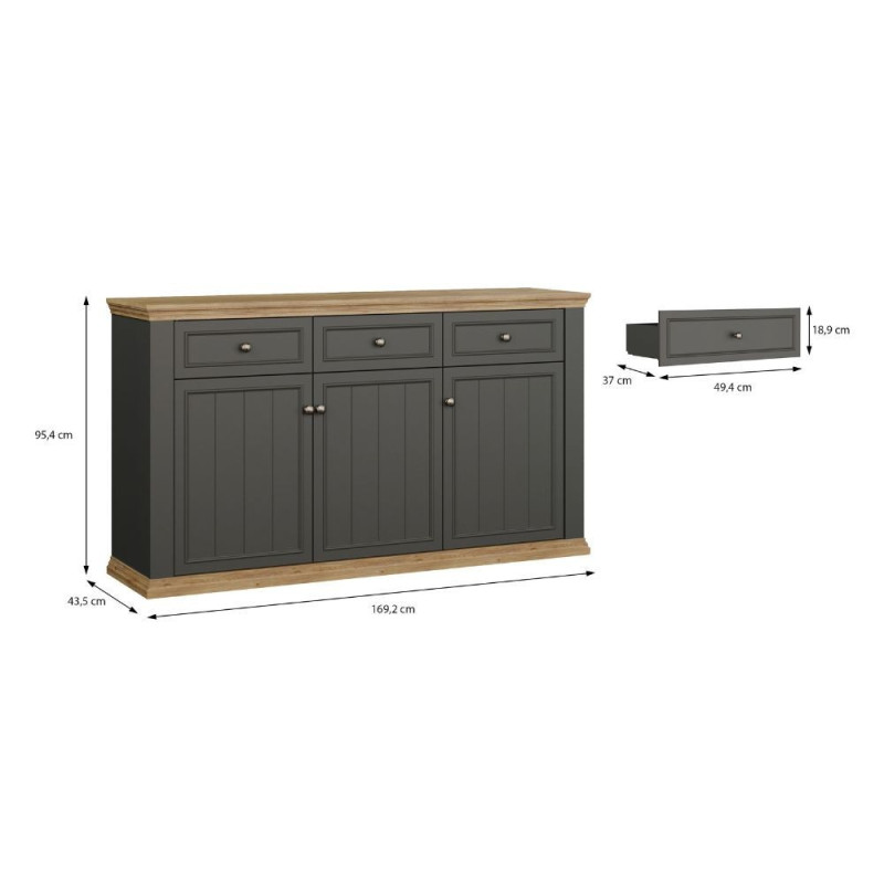 Madia Essenza con 3 cassetti e 3 ante in stile classico colore grigio scuro e rovere