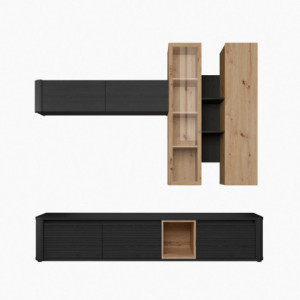 Zoom Soggiorno parete attrezzata Core grande con porta tv e pensili in colore rovere e nero