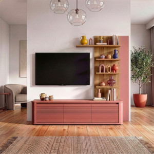 Zoom Soggiorno parete attrezzata Core piccolo con porta tv e libreria pensile in rovere e terracotta