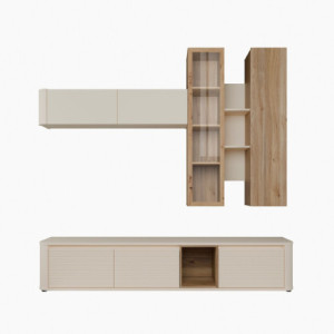 Zoom Soggiorno parete attrezzata Core grande con porta tv e pensili in colore rovere e cashmere