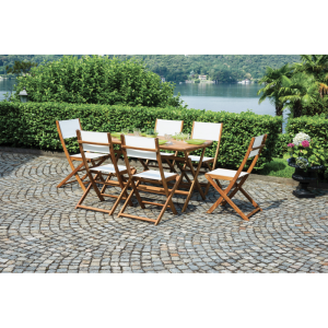 Set Tavolo Donoratico + 6 Sedie Venturina In Acacia Pieghevole Con Textilene Senza Braccioli Moia