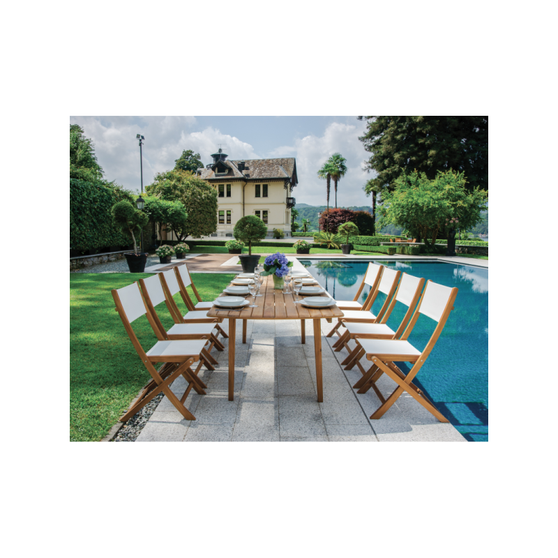 Set Tavolo Donoratico + 6 Sedie Venturina In Acacia Pieghevole Con Textilene Senza Braccioli Moia