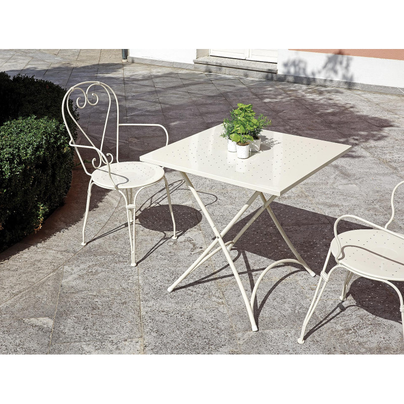 Set Tavolo Desenzano + 4 Poltrone MOIA con braccioli Sirmione impilabili in ferro avorio