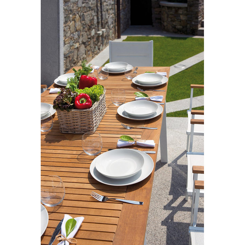 Set Tavolo Fuerteventura + 6 Sedie Milano Contract Senza Braccioli In Alluminio Bianco E Corda Paglia Moia