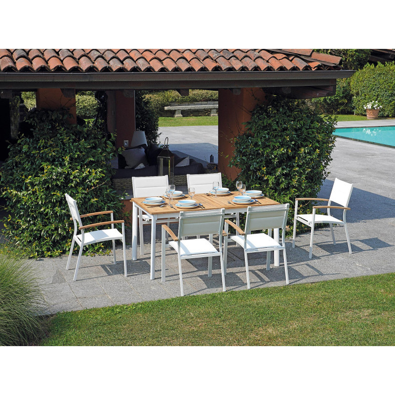 Set Tavolo Fuerteventura + 6 Sedie Milano Contract Senza Braccioli In Alluminio Bianco E Corda Paglia Moia