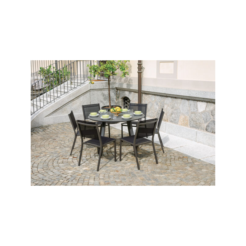 Set Tavolo Tondo + 4 Sedie Amalfi MOIA in alluminio e textilene nero