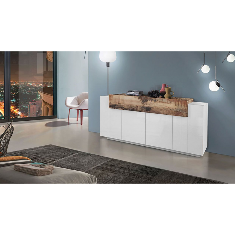 Credenza Coro Moderna 4 ante – Bianco Lucido e Acero Pereira