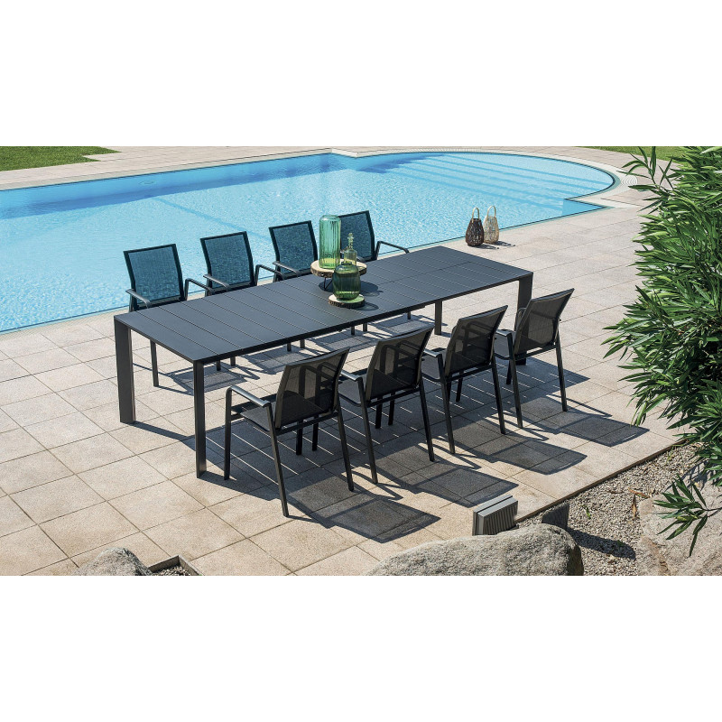 Set Tavolo Anzio + 8 Sedie Samo Alluminio Antracite Text Nero Moia