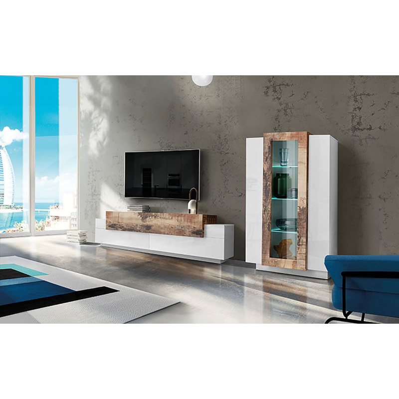 Set Soggiorno Coro 200 – Mobile + Vetrina – Bianco e Acero Pereira