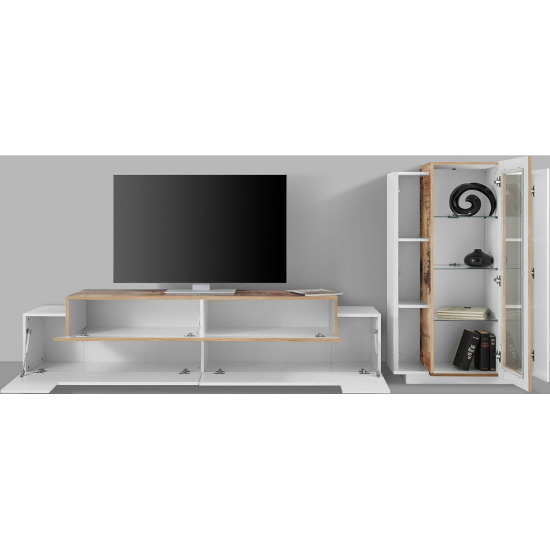 Set Soggiorno Coro 200 – Mobile + Vetrina – Bianco e Acero Pereira