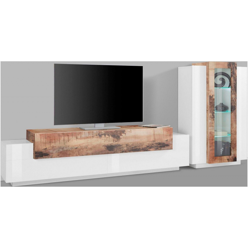 Set Soggiorno Coro 200 – Mobile + Vetrina – Bianco e Acero Pereira