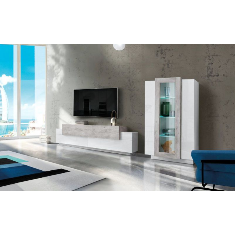 Set Soggiorno Coro 200 – Mobile + Vetrina – Bianco e Cemento