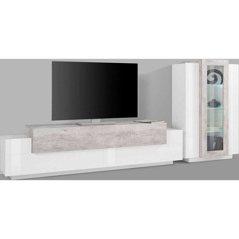 Set Soggiorno Coro 200 – Mobile + Vetrina – Bianco e Cemento