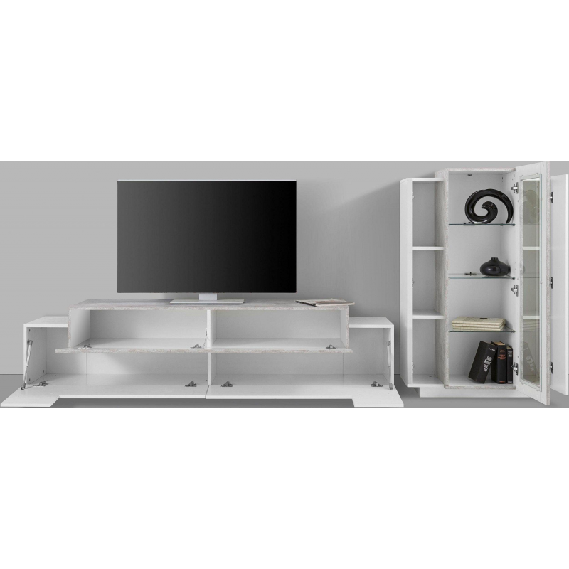 Set Soggiorno Coro 200 – Mobile + Vetrina – Bianco e Cemento