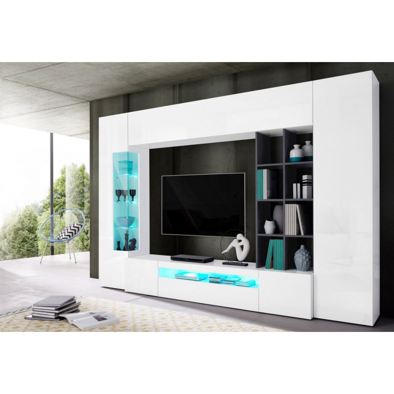 Parete soggiorno Egypt – 290x191x40cm – Bianco Lucido e Report