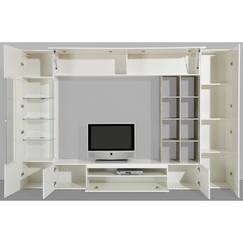 Parete soggiorno Egypt – 290x191x40cm – Bianco Lucido e Cemento