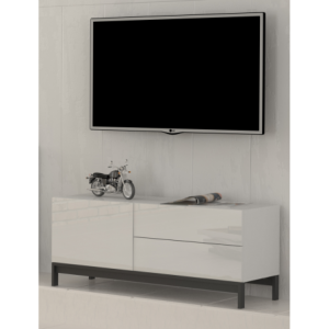 Mobile Porta TV Metis 110 con piedistallo in metallo nero – 1 anta + 2 cassetti – Bianco Lucido