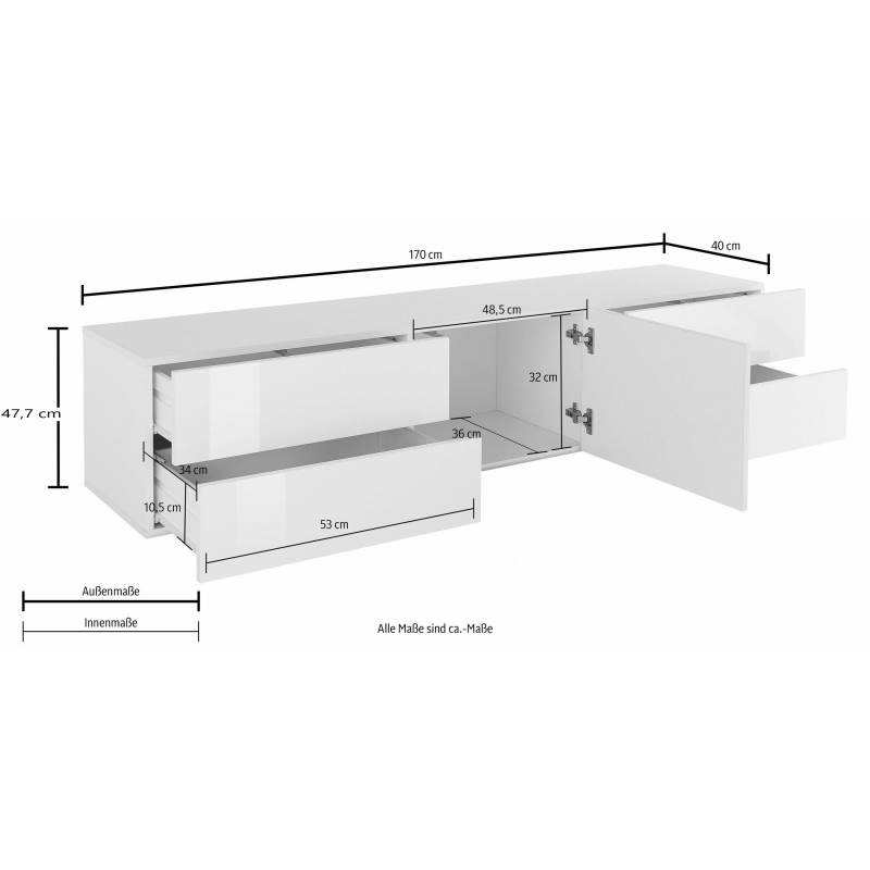 Mobile Porta TV Metis 170 con piedistallo in metallo nero – 1 anta + 4 cassetti – Bianco Lucido
