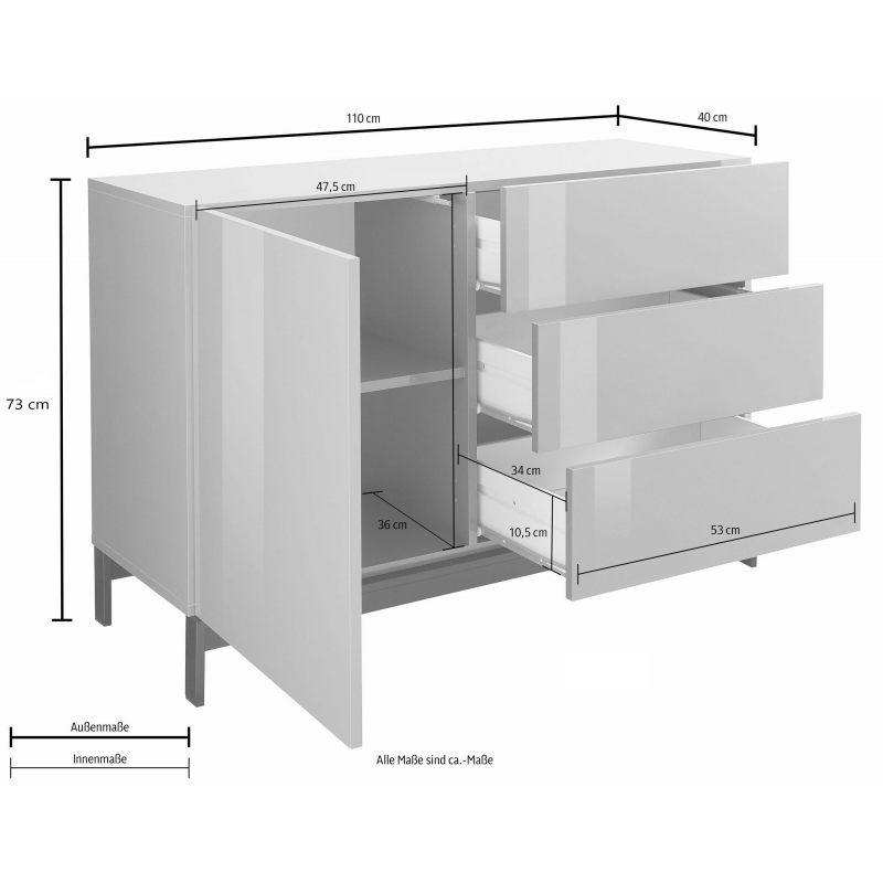 Credenza Metis 110 con piedistallo – 1 anta + 3 cassetti – Bianco Lucido