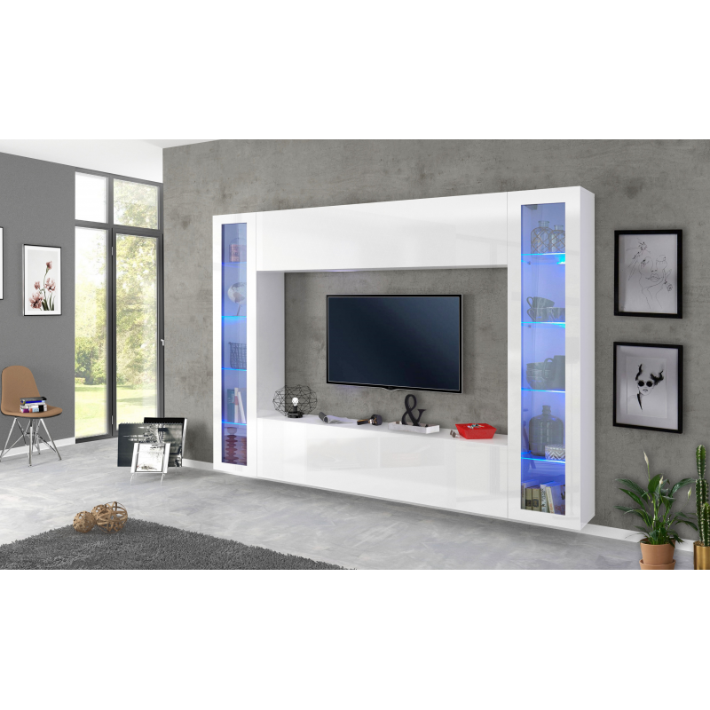 Parete soggiorno Maruska 2 vetrine– 260x180x30 – Bianco Lucido