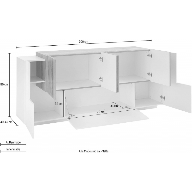 Credenza New Coro 200 – 7 ante – Bianco Lucido/Acero Pereira