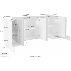 Zoom Credenza Pillon 210 – 2+4 ante – Bianco Lucido/Acero Pereira