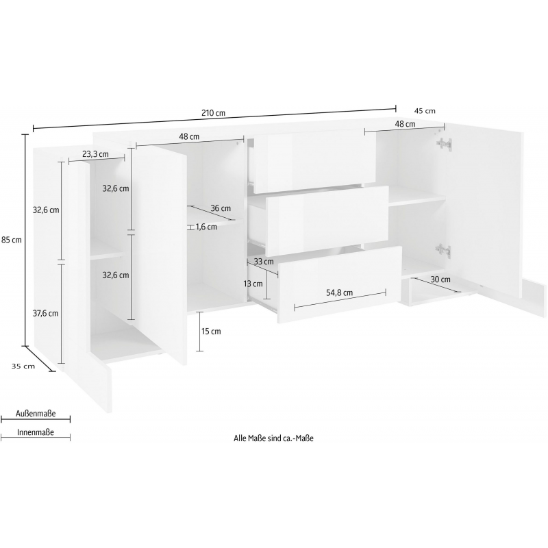 Credenza Pillon 210 –2+2 ante + 3 cassetti – Bianco Lucido