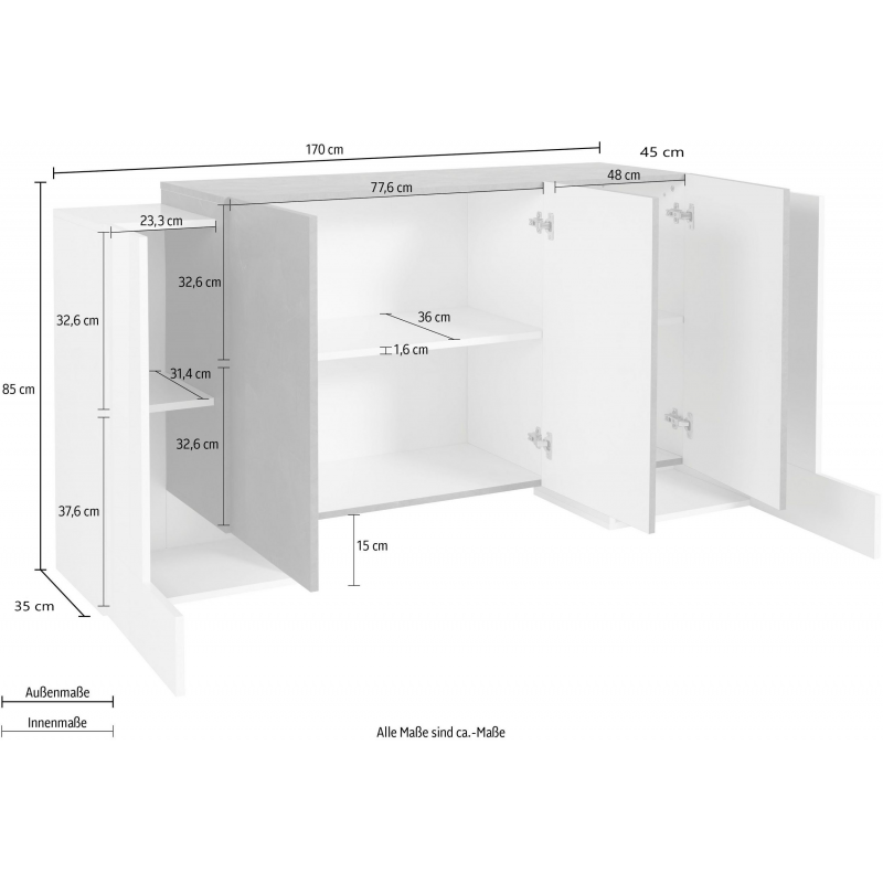 Credenza Pillon 170 – 2 ante + 3 ante – Bianco Lucido/Acero Pereira