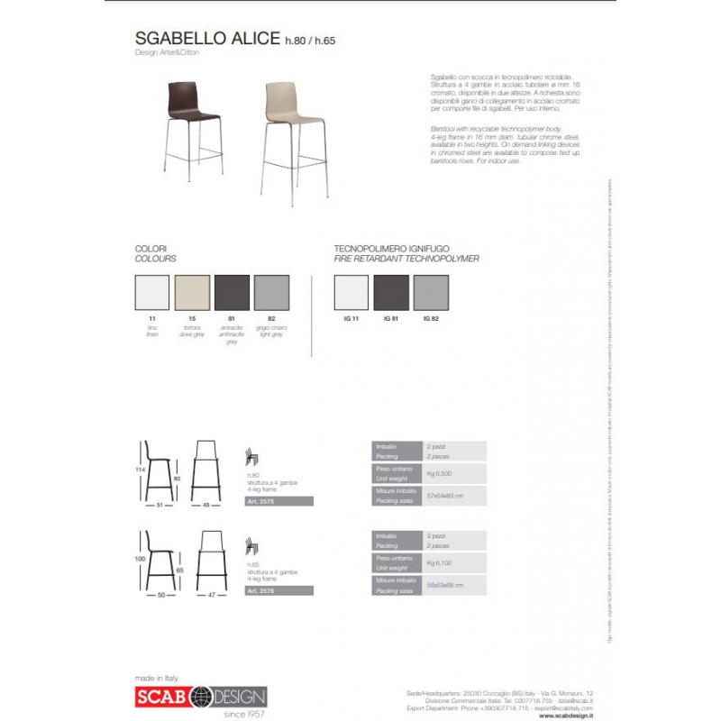 SET DUE SGABELLI ALICE HT 65CM TECNOPOLIMERO MADE IN ITALY SCAB DESIGN