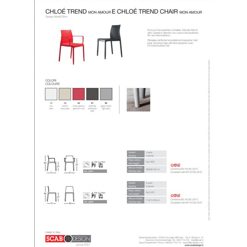 SET 4 SEDIE CHLOÉ TREND MON AMOUR CON BRACCIOLI MADE IN ITALY SCAB DESIGN