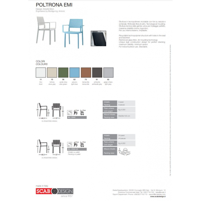SET 4 PEZZI SEDIA EMI CON BRACCIOLI TECNOPOLIMERO MADE IN ITALY SCAB DESIGN