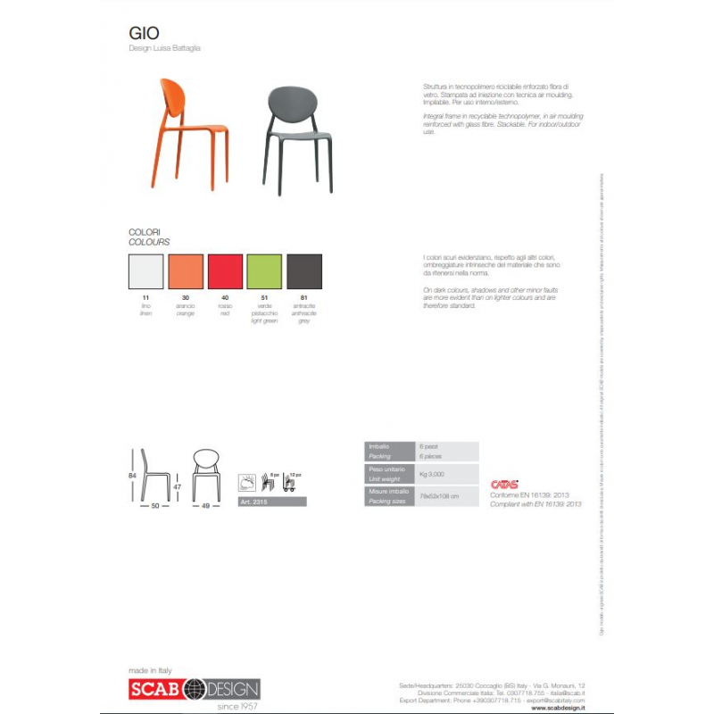 SET 6 SEDIE GIO TECNOPOLIMERO SCAB DESIGN