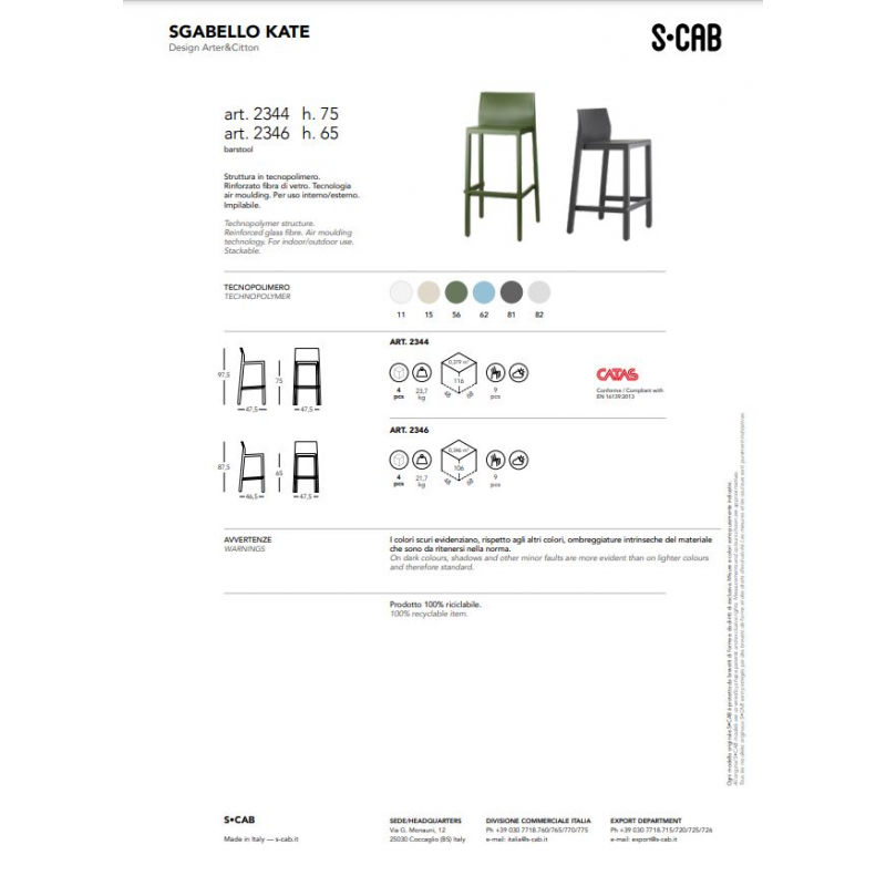 SET 4 SGABELLI KATE TECNOPOLIMERO HT 65CM MADE IN ITALY SCAB DESIGN