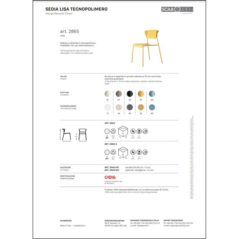 SET DA 4 SEDIA LISA TECNOPOLIMERO MADE IN ITALY SCAB DESIGN
