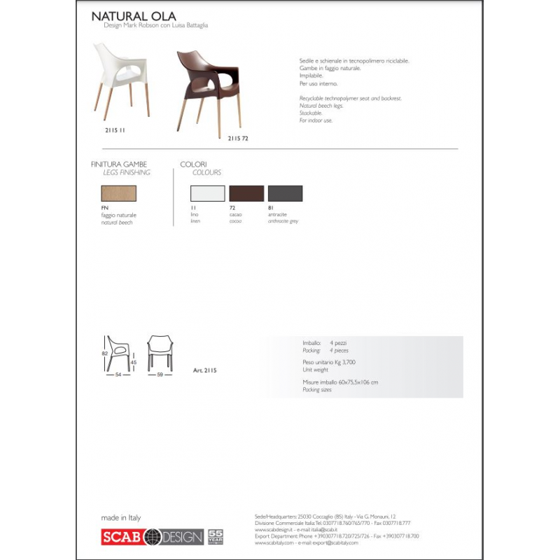 SET 4 SEDIE NATURAL OLA TECNOPOLIMERO SCAB DESIGN MADE IN ITALY