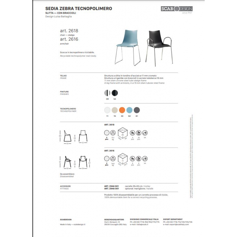 SET 2 SEDIE ZEBRA A SLITTA TECNOPOLIMERO SCABDESIGN MADE IN ITALY