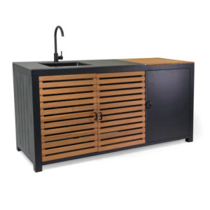 Zoom Mobile Cucina Alluminio Idaho Con Teak E Pietra Sinterizzata Antracite Cm 180x65h90