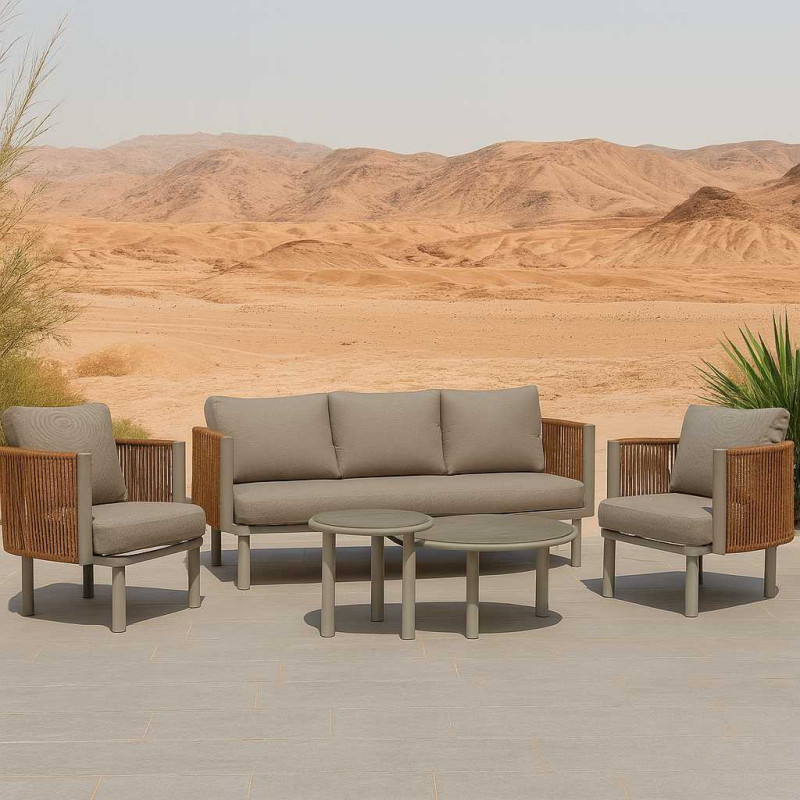 Salotto Alluminio 3 Posti Barreiro Bianco Con Cuscini Crema E Intreccio Polyrattan