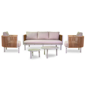 Zoom Salotto Alluminio 3 Posti Barreiro Bianco Con Cuscini Crema E Intreccio Polyrattan