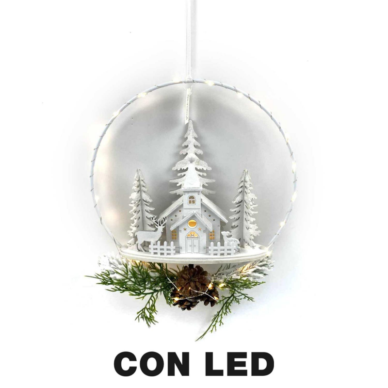 Ghirlanda metallo led con chiesa biancocm25x7x47,5