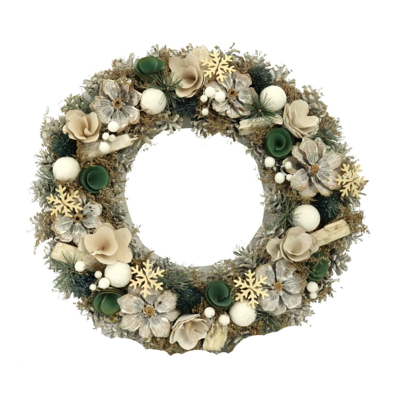 Coroncina con pigne e fiori bianco verde cm ø45h8,5