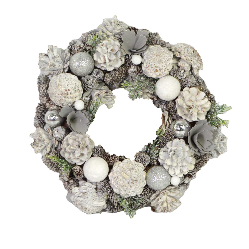 Coroncina con pigne glitter argento cm ø45