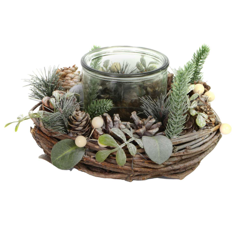 portacandele, portacandele natalizio con bacche e fiori, vaso in vetro per candele con ghirlanda di fiori e bacche