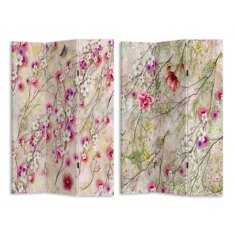 Paravento stampa 3 ante crema con rami fiori cm120,6x2,5h180