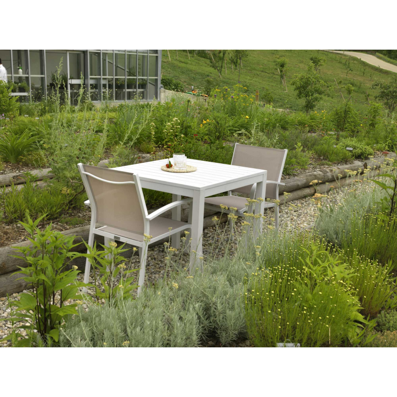 Set Tavolo alluminio + 4 Sedie alluminio sullivan bianco con textilene bianco cm 55x46h43/88