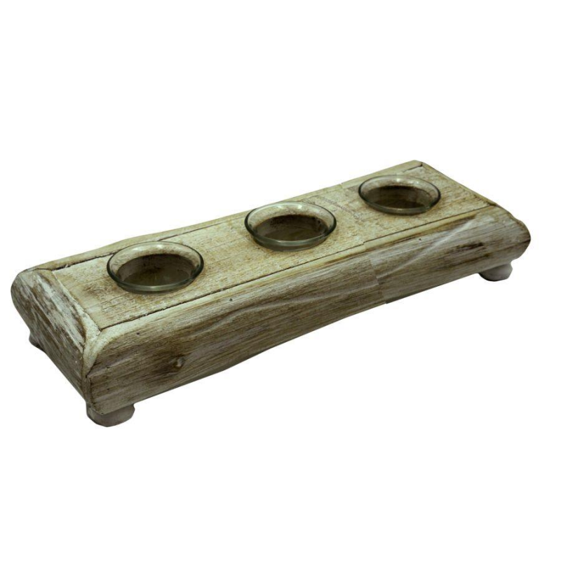 Portacandele legno sbiancato 3p cm35x12h7