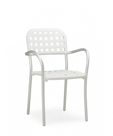 SET 4 POLTRONE AURORA IN POLIPROPILENE E GAMBE IN ALLUMINIO ANODIZZATO CON BRACCIOLI BIANCO, IMPILABILI MADE IN ITALY