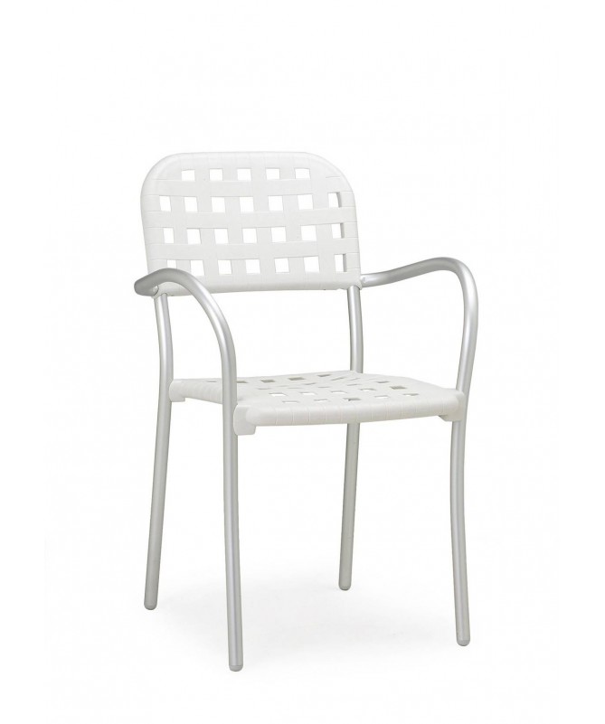 SET 4 POLTRONE AURORA IN POLIPROPILENE E GAMBE IN ALLUMINIO ANODIZZATO CON BRACCIOLI BIANCO, IMPILABILI MADE IN ITALY